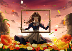 Rule 34 | 1girl, apron, bad id, bad pixiv id, blurry, braid, brown hair, depth of field, dress, field, flower, flower field, green eyes, hair over shoulder, hair ribbon, long hair, nora (le-chat-noir), original, petals, picture frame, ribbon, smile, solo, sunset, twin braids, wind