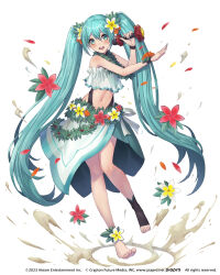 1girl 2023 :d aqua_eyes aqua_hair blush copyright_name flower full_body hair_between_eyes hair_flower hair_ornament hatsune_miku hatsune_miku_-tap_wonder- holding holding_microphone long_hair microphone navel official_art open_mouth oukawa_yuu petals red_flower simple_background single_bare_foot smile solo teeth tongue twintails very_long_hair vocaloid white_background white_flower