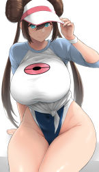 Rule 34 | 1girl, alternate breast size, arm behind back, blue eyes, blue one-piece swimsuit, blush, breasts, brown hair, competition swimsuit, creatures (company), double bun, game freak, hair between eyes, hair bun, hat, highleg, highleg swimsuit, highres, kemigawa mondo, large breasts, long hair, looking at viewer, nintendo, one-piece swimsuit, pokemon, pokemon bw2, raglan sleeves, rosa (pokemon), simple background, smile, solo, swimsuit, swimsuit under clothes, thighs, twintails, visor cap, white background, white hat, white one-piece swimsuit