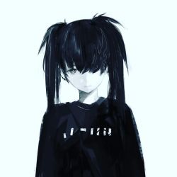 Rule 34 | 1girl, black hair, black rock shooter, black rock shooter (character), black shirt, blue background, blue eyes, closed mouth, flaming eye, huke, logo, long hair, pale skin, shirt, solo, sweater, twintails, uneven twintails, upper body