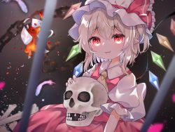 Rule 34 | 1girl, :d, ascot, blonde hair, blurry, chain, collared shirt, crystal, depth of field, fire, flandre scarlet, hat, hat ribbon, highres, holding, holding skull, looking at viewer, mob cap, open mouth, pafe yuzuran, pointy ears, red eyes, red ribbon, red skirt, red vest, ribbon, shirt, skirt, skull, smile, solo, touhou, upper body, vest, white hat, white shirt, wings, yellow ascot