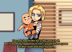 Rule 34 | 1boy, 1girl, aged down, android 18, baby, bald, blonde hair, blue eyes, blurry, bob cut, brooklyn nine-nine, cowboy shot, depth of field, dragon ball, dragonball z, earrings, english text, facial mark, facing viewer, forehead mark, hetero, i&#039;ve only had arlo for a day and a half, indoors, jewelry, kuririn, looking at viewer, meme, mini person, miniboy, nortuet, parody, standing, subtitled, symbol-shaped pupils