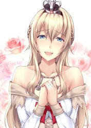 Rule 34 | 1girl, bare shoulders, blonde hair, blue eyes, blush, braid, breasts, cleavage, collarbone, corset, crown, dress, flower, french braid, hair between eyes, hairband, happy tears, head tilt, jewelry, kantai collection, kuurunaitsu, long hair, long sleeves, mini crown, necklace, off-shoulder dress, off shoulder, open mouth, red flower, red ribbon, red rose, ribbon, ring, rose, sidelocks, smile, solo, tears, warspite (kancolle), wedding band, white dress