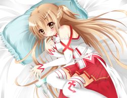 Rule 34 | 10s, 1girl, absurdres, amagami rukichi, armor, asuna (sao), bad id, bad pixiv id, braid, breastplate, brown eyes, brown hair, detached sleeves, frilled pillow, frills, highres, long hair, lying, on side, pillow, sword art online, thighhighs, white thighhighs
