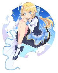 Rule 34 | 1girl, 2020, ahoge, black footwear, blonde hair, blue eyes, blue ribbon, blue skirt, blue sky, blue theme, chobota, cloud, commentary, day, earrings, floating, floating hair, gold trim, gradient sky, hachimiya meguru, hair ribbon, hands on own knees, highres, idolmaster, idolmaster shiny colors, jewelry, knees up, legs together, long sleeves, looking at viewer, nail polish, outline, outside border, petticoat, puffy long sleeves, puffy sleeves, ribbon, skirt, sky, sleeve cuffs, smile, socks, solo, white background, white outline, yellow nails