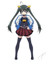 Rule 34 | 1girl, ahoge, anime coloring, belt, black hair, black thighhighs, blue eyes, blush, collar, hands in pockets, highres, jacket, loafers, long hair, looking at viewer, onaya masakazu, open clothes, open jacket, original, plaid, plaid skirt, shoes, skirt, smile, solo, space invaders, thighhighs, track jacket, twintails, zettai ryouiki