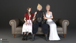 Rule 34 | 1boy, 2girls, 3d, absurdres, aerith gainsborough, cloud strife, couch, final fantasy, final fantasy vii, final fantasy vii remake, final fantasy xv, heroes club, highres, incredibly absurdres, looking at viewer, lunafreya nox fleuret, multiple girls, on couch, sitting, square enix