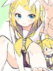 Rule 34 | 1girl, :i, ascot, bare arms, bare legs, bare shoulders, barefoot, between legs, black shorts, blonde hair, blue eyes, blush stickers, bow, grey sailor collar, hair bow, hair ornament, hairclip, hand between legs, headphones, headset, highres, kagamine len, kagamine rin, neckerchief, outstretched arm, pout, reaching, reaching towards viewer, sailor collar, sailor shirt, shirt, shorts, sketch, sleeveless, sleeveless shirt, solo, stuffed toy, toes, tono kabeuchi, v-shaped eyebrows, vocaloid, white bow, yellow ascot, yellow neckerchief