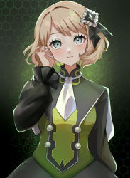 Rule 34 | 1girl, ascot, black ribbon, blonde hair, blush, buttons, capelet, closed mouth, commentary request, creatures (company), dress, eyelashes, game freak, green background, grey eyes, hair behind ear, hair ornament, hair ribbon, tucking hair, hand up, highres, long sleeves, looking at viewer, nintendo, official alternate costume, pokemon, pokemon masters ex, ribbon, serena (pokemon), serena (sygna suit) (pokemon), setta shu, short hair, smile, solo, white ascot, white capelet