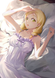 Rule 34 | 1girl, :o, arm up, bare arms, bare shoulders, bed, bed sheet, blonde hair, blush, bow, braid, breasts, cleavage, collarbone, commentary request, dated, green eyes, hair ornament, hair scrunchie, long hair, looking at viewer, love live!, love live! sunshine!!, lying, medium breasts, nightgown, ohara mari, on back, parted lips, pillow, purple bow, scrunchie, shamakho, signature, solo, twin braids
