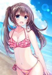 Rule 34 | 1girl, :d, arm behind back, bad id, bad pixiv id, bare arms, bare shoulders, beach, bikini, blue eyes, blue sky, blush, breasts, brown hair, cleavage, cloud, cloudy sky, collarbone, commentary request, day, fingernails, hair between eyes, highres, horizon, long hair, minami saki, navel, ocean, open mouth, original, outdoors, pink bikini, sand, side-tie bikini bottom, sky, small breasts, smile, solo, swimsuit, twintails, very long hair, water
