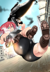 Rule 34 | 1girl, aiming, aircraft, angry, ass, bike shorts, boots, breasts, cameltoe, city, cityscape, clenched teeth, dual wielding, fingerless gloves, gloves, green eyes, gun, helicopter, highres, holding, large breasts, looking at viewer, looking down, red hair, remu (kirieroido), shiny clothes, shiny skin, short hair, solo, teeth, weapon