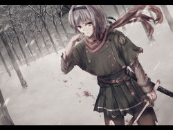 Rule 34 | 1girl, adapted costume, black hairband, black pantyhose, capelet, closed mouth, cloud, cloudy sky, cowboy shot, footprints, frown, green capelet, green skirt, hairband, highres, holding, holding sword, holding weapon, katana, konpaku youmu, letterboxed, military, military uniform, miniskirt, outdoors, pantyhose, pleated skirt, red eyes, scarf, short hair, silver hair, skirt, sky, snowing, solo, standing, sword, torn clothes, torn pantyhose, torn scarf, torn skirt, torn sleeves, torottye, touhou, tree, uniform, weapon