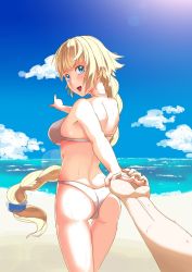 Rule 34 | 1girl, armor, ass, beach, bikini, blonde hair, blue eyes, blue sky, cowboy shot, day, fate/apocrypha, fate/grand order, fate (series), holding hands, jeanne d&#039;arc (fate), jeanne d&#039;arc (ruler) (fate), long hair, looking at viewer, looking back, ocean, outdoors, pointing, pov, shiroi ume, sky, solo, solo focus, swimsuit, white bikini