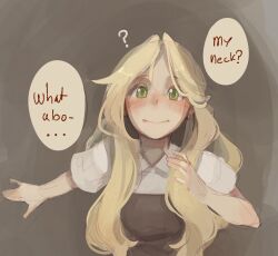 Rule 34 | 1girl, aftersex, apron, blonde hair, blush, brown apron, commentary, cum, cum on neck, dress, english commentary, english text, facing viewer, freckles, green eyes, highres, long hair, open mouth, original, short sleeves, solo, speech bubble, standing, sushoartworks, white dress
