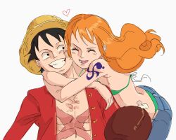 Rule 34 | 1boy, 1girl, bikini, bikini top only, black hair, couple, denim, food, from behind, grin, hat, heart, highres, hug, hug from behind, jeans, long hair, meat, monkey d. luffy, nami (one piece), one piece, open clothes, open shirt, orange hair, pants, rozichchan, scar, shirt, short hair, smile, straw hat, swimsuit, tattoo