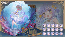 Rule 34 | 1girl, air bubble, azur lane, bare shoulders, black footwear, blank eyes, blue eyes, blue hair, blush, bubble, commentary, coral, dragon girl, dragon horns, dragon tail, dress, english commentary, expressions, frilled dress, frills, hat, highres, horns, jewelry, logo, lung wu (azur lane), lung wu (invitation to jade seas) (azur lane), necklace, official alternate costume, official art, open mouth, red horns, sandals, shaded face, shell, shell necklace, shnva, short dress, sleeveless, sleeveless dress, smile, smug, solo, sparkle, sparkling eyes, sun hat, symbol-shaped pupils, tail, underwater, white dress