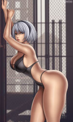 Rule 34 | 1girl, 2b (nier:automata), absurdres, blue eyes, breasts, curvy, female focus, flowerxl, higher resolution available, highres, large breasts, looking at viewer, nier, nier:automata, nier (series), on wall, one-piece swimsuit, short hair, solo, swimsuit, thighhighs, tiara