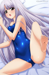 Rule 34 | 1girl, :o, absurdres, azmaria hendric, barefoot, blue one-piece swimsuit, brown eyes, calendar, cameltoe, chrno crusade, circle name, cleft of venus, competition school swimsuit, feet, highres, long hair, looking at viewer, lying, on back, on side, one-piece swimsuit, open mouth, school swimsuit, silver hair, soles, solo, spread legs, strap slip, sugimura tomokazu, swimsuit, toes