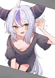 Rule 34 | 1girl, absurdres, ahoge, airenif, blush, breasts, demon girl, demon horns, downblouse, grey hair, hand on own ear, highres, hololive, horns, la+ darknesss, leaning forward, long hair, looking at viewer, multicolored hair, naked shirt, no bra, open mouth, oversized clothes, oversized shirt, pointy ears, purple hair, shirt, short sleeves, sidelocks, small breasts, smile, solo, streaked hair, striped horns, symbol-shaped pupils, very long hair, virtual youtuber, yellow eyes