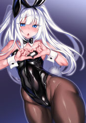 Rule 34 | 1girl, animal ears, black bow, black bowtie, black leotard, blue eyes, bow, bowtie, breasts, brown pantyhose, commentary request, cowboy shot, detached collar, fake animal ears, gradient background, grey background, heart, heart hands, highres, leotard, long hair, looking at viewer, original, pantyhose, playboy bunny, rabbit ears, ruuku (azukieru), small breasts, solo, strapless, strapless leotard, two side up, white hair, wrist cuffs