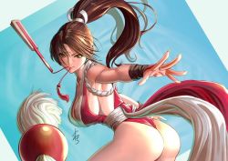 Rule 34 | 1girl, ass, breasts, brown eyes, folded fan, fatal fury, folding fan, hand fan, high ponytail, japanese clothes, large breasts, mouth hold, ninja, ponytail, revealing clothes, shiranui mai, sideboob, snk, solo, the king of fighters, thong, yamahara