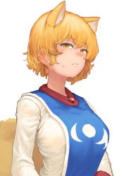 Rule 34 | 1girl, absurdres, animal ears, blonde hair, breasts, chanta (ayatakaoisii), dress, fox ears, fox tail, highres, large breasts, multiple tails, short hair, simple background, slit pupils, solo, tabard, tail, touhou, white background, white dress, yakumo ran, yellow eyes