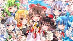 Rule 34 | 6+girls, :d, :o, ^ ^, ahoge, aqua eyes, arm hug, arms up, ascot, black hair, black neckwear, black vest, blonde hair, blue dress, blue eyes, blue hair, blue sky, blush, bow, bowtie, braid, brown hair, cherry blossoms, chibi, cirno, clenched hands, closed eyes, cloud, commentary request, day, detached sleeves, dress, frog hair ornament, green hair, green vest, grey eyes, grin, hair bow, hair ornament, hair ribbon, hair tubes, hakurei reimu, hand on another&#039;s shoulder, hand on own chest, hat, holding, holding microphone, izayoi sakuya, kawanobe, kirisame marisa, kochiya sanae, konpaku youmu, long hair, looking at viewer, maid headdress, microphone, multiple girls, musical note, neck ribbon, no headwear, one eye closed, open hand, open mouth, outdoors, pinafore dress, puffy short sleeves, puffy sleeves, red eyes, red neckwear, red vest, ribbon, ribbon-trimmed sleeves, ribbon trim, shameimaru aya, shirt, short hair, short sleeves, silver hair, single braid, sky, sleeveless dress, smile, staff (music), teeth, tokin hat, touhou, tress ribbon, triangle mouth, twin braids, upper body, very long hair, vest, white shirt, yellow eyes, yellow neckwear