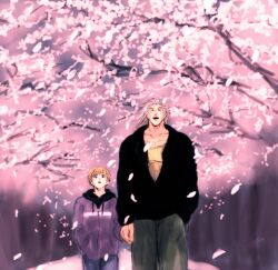 Rule 34 | 2boys, bara, blonde hair, cherry blossoms, couple, cowboy shot, falling petals, green eyes, hanba guyokota, hand in pocket, height difference, holding hands, hood, hoodie, hunter x hunter, looking up, male focus, medium hair, multiple boys, mutton chops, open mouth, outdoors, pectoral cleavage, pectorals, petals, shalnark, short hair, size difference, smile, spiked hair, tree, uvogin, yaoi