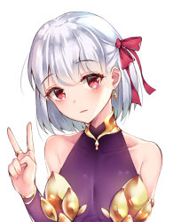 Rule 34 | 1girl, bare shoulders, collarbone, earrings, fate (series), gold earrings, hair ribbon, highres, jewelry, kama (fate), kama (first ascension) (fate), light smile, looking at viewer, red eyes, red ribbon, ribbon, short hair, silver hair, simple background, solo, upper body, v, white background, wung125