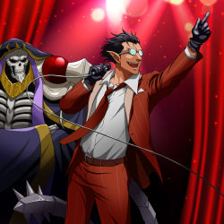 Rule 34 | 2boys, :d, ainz ooal gown, arm up, belt, black gloves, black hair, cowboy shot, crossed arms, demiurge, dress shirt, glasses, gloves, grey shirt, holding, holding microphone, index finger raised, jacket, k-ta, male focus, microphone, multiple boys, necktie, open mouth, overlord (maruyama), pants, pointy ears, red eyes, red jacket, red neckwear, red pants, round eyewear, shirt, skeleton, smile, stage, standing, striped clothes, striped jacket, vertical-striped clothes, vertical-striped jacket