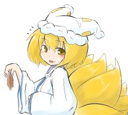 Rule 34 | 1girl, animal ears, bad id, bad pixiv id, blonde hair, blush, fang, food, fox tail, hat, inunoko., looking at viewer, mob cap, multiple tails, simple background, solo, tail, tofu, touhou, white background, yakumo ran, yellow eyes