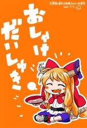 Rule 34 | 1girl, 2013, alcohol, blush stickers, bow, byourou, chibi, crossed legs, cup, dated, fang, hair bow, highres, horn ornament, horn ribbon, horns, ibuki suika, indian style, long hair, open mouth, orange background, orange hair, ribbon, sakazuki, sake, simple background, sitting, smile, solo, touhou
