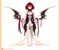 Rule 34 | 1girl, absurdres, bare shoulders, barefoot, black dress, black hairband, black wings, breasts, bridal gauntlets, brown eyes, closed mouth, commentary, copyright request, dress, english commentary, full body, grey thighhighs, hair between eyes, hair over wings, hairband, halo, highres, long hair, looking at viewer, medium breasts, newmoonshira, no shoes, red hair, signature, single bridal gauntlet, single thighhigh, smile, solo, standing, thighhighs, toeless legwear, very long hair, virtual youtuber, white background, wings