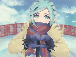 Rule 34 | 1boy, cloud, commentary request, creatures (company), day, eyelashes, fence, game freak, green eyes, green hair, grusha (pokemon), heart, heart hands, jacket, long hair, long sleeves, male focus, mittens, nintendo, outdoors, own hands together, pokemon, pokemon sv, scarf, scarf over mouth, sky, solo, striped clothes, striped scarf, upper body, ura (hamburg oniku), yellow jacket