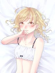 Rule 34 | ahoge, bandeau, bare shoulders, bed sheet, black bow, blonde hair, blush, bow, braid, breasts, collarbone, earrings, eyebrows, eyelashes, eyes visible through hair, fingernails, hair bow, hair ribbon, hand to head, hand to own mouth, highres, jewelry, kirisame marisa, long fingernails, lying, mei (mei19132), nail polish, on back, on bed, pink lips, pink nails, ribbon, side braid, single braid, small breasts, sobbing, solo, spaghetti strap, star (symbol), star earrings, tears, teeth, touhou, tress ribbon, upper body, white ribbon, yellow eyes