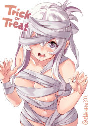 Rule 34 | 1girl, bdsm, blue eyes, blush, bondage, bound, breasts, ebifurya, halloween costume, highres, kamoi (kancolle), kantai collection, large breasts, long hair, looking at viewer, mummy costume, one-hour drawing challenge, open mouth, simple background, solo, trick or treat, twitter username, white background, white hair