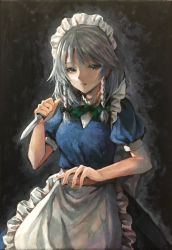 Rule 34 | 1girl, absurdres, apron, blue dress, bow, bowtie, braid, breasts, commentary request, cowboy shot, dark background, dress, eyebrows hidden by hair, green bow, green bowtie, green eyes, grey background, grey hair, hair bow, hair ribbon, hands up, highres, holding, holding knife, izayoi sakuya, kaede (mmkeyy), knife, long hair, looking at viewer, maid, maid apron, maid headdress, medium breasts, painterly, parted lips, puffy short sleeves, puffy sleeves, ribbon, short sleeves, side braids, simple background, solo, teeth, touhou, tress ribbon, twin braids, waist apron, white apron, white headwear