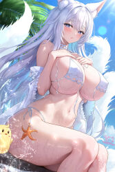 Rule 34 | 1girl, animal ears, azur lane, bikini, blue eyes, blue nails, blue sky, blush, breasts, covered erect nipples, curvy, day, fluff, fox ears, fox girl, fox tail, hands on own chest, highres, huge breasts, lens flare, long hair, looking at viewer, manjuu (azur lane), multiple tails, nail polish, navel, outdoors, parted lips, shinano (azur lane), shinano (dreamy white sands) (azur lane), sitting, sky, starfish, stomach, studiopokotan, sunlight, swimsuit, tail, thighs, untied bikini, very long hair, water, wet, white bikini, white hair, white tail