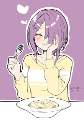 Rule 34 | 1girl, 2024, :i, ^ ^, blush, cafe stella to shinigami no chou, carbonara (food), casual, closed eyes, closed mouth, commentary, dated, eating, facing viewer, fork, hair ornament, hair over one eye, hand on own cheek, hand on own face, hands up, happy, heart, highres, hiuchidani mei, holding, holding fork, long sleeves, one eye covered, purple background, purple hair, shirt, short hair with long locks, silver116, simple background, smile, solo, upper body, x hair ornament, yellow shirt