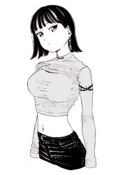 Rule 34 | 1girl, bad id, bad pixiv id, belt, black hair, black pants, breasts, closed mouth, crop top, dende (dndn222), earrings, greyscale, hair behind ear, highres, jewelry, large breasts, long sleeves, looking at viewer, monochrome, navel, original, pants, scan, scan artifacts, shirt, short hair, solo, standing, stomach, traditional media, turtleneck