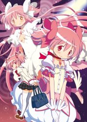 Rule 34 | 10s, 3girls, bag, bow, gecchu, gloves, hair bow, hair ribbon, highres, kaname madoka, long hair, magical girl, mahou shoujo madoka magica, mahou shoujo madoka magica (anime), multiple girls, multiple persona, pink eyes, pink hair, ribbon, school bag, school uniform, short twintails, skirt, smile, thighhighs, twintails, two side up, ultimate madoka, white legwear, yellow eyes