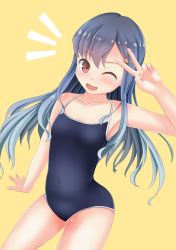 Rule 34 | 1girl, akizuki (akizuki71), blue hair, blue one-piece swimsuit, blush, breasts, collarbone, food-themed hair ornament, hair ornament, hairclip, highres, hinanawi tenshi, long hair, looking at viewer, one-piece swimsuit, open mouth, peach hair ornament, red eyes, small breasts, smile, solo, standing, swimsuit, teeth, touhou, v, wink, yellow background