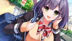 Rule 34 | 1girl, adjusting hair, bag, blush, bow, bowtie, braid, breasts, carrying over shoulder, cloud, day, dodomeiro, female focus, game cg, green eyes, kasama hinano, large breasts, looking at viewer, medium hair, netarou, open mouth, original, outdoors, purple hair, real eroge situation! dt, school bag, school uniform, single braid, sky, solo, upper body