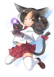 Rule 34 | 1girl, absurdres, adapted costume, alternate sleeve length, animal ears, animal hands, black hair, brown eyes, brown footwear, cat ears, cat tail, commentary request, fang, full body, gloves, highres, kantai collection, loafers, looking at viewer, nagara (kancolle), one-hour drawing challenge, paw gloves, pleated skirt, red skirt, school uniform, serafuku, shoes, short hair, simple background, skirt, smile, solo, tail, taisinkoku, thighhighs, white background, white thighhighs