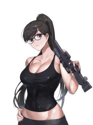 Rule 34 | 1girl, absurdres, ai arctic warfare, black-framed eyewear, black hair, black shirt, bolt action, breasts, cleavage, closed mouth, collarbone, covered erect nipples, finger on trigger, glasses, gun, hand on own hip, high ponytail, highres, holding, holding gun, holding weapon, large breasts, long hair, looking at viewer, midriff, minakata hizuru, mole, mole under mouth, over shoulder, ponytail, purple eyes, qingtiana, rifle, shirt, simple background, skin tight, sleeveless, sleeveless shirt, sniper rifle, solo, strap gap, summertime render, tank top, very long hair, weapon, weapon over shoulder, white background