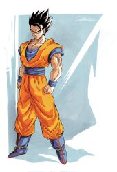 Rule 34 | 1boy, black eyes, black hair, blue footwear, blue wristband, dragon ball, dragonball z, full body, highres, looking at viewer, muscular, muscular arms, muscular male, pectoral cleavage, pectorals, smirk, son gohan, spiked hair, tagme, ultimate gohan