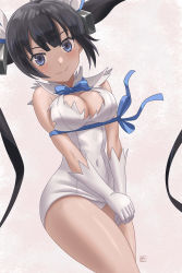 Rule 34 | 1girl, absurdres, black hair, blue bow, blue bowtie, blue eyes, blunt bangs, blush, bow, bowtie, breasts, cleavage, cleavage cutout, clothing cutout, conejologia, dress, dungeon ni deai wo motomeru no wa machigatteiru darou ka, gloves, hestia (danmachi), highres, large breasts, long hair, looking at viewer, simple background, smile, solo, thighs, twintails, very long hair, white dress