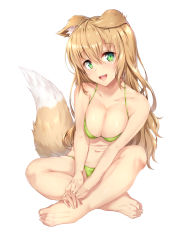 Rule 34 | 1girl, :d, animal ear fluff, animal ears, bare arms, bare legs, bare shoulders, barefoot, bikini, blush, breasts, cleavage, collarbone, dog ears, dog girl, dog tail, fingernails, full body, green bikini, green eyes, hair between eyes, halterneck, head tilt, light brown hair, long hair, looking at viewer, medium breasts, nakatokung, navel, open mouth, original, simple background, sitting, smile, solo, swimsuit, tail, toenails, very long hair, white background