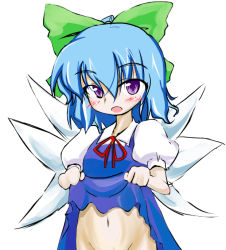 Rule 34 | 1girl, blue hair, bow, cirno, clothes lift, female focus, hair between eyes, hair bow, no panties, shoot the bullet, simple background, skirt, skirt lift, solo, takaharu, touhou, wavy hair, white background, wings